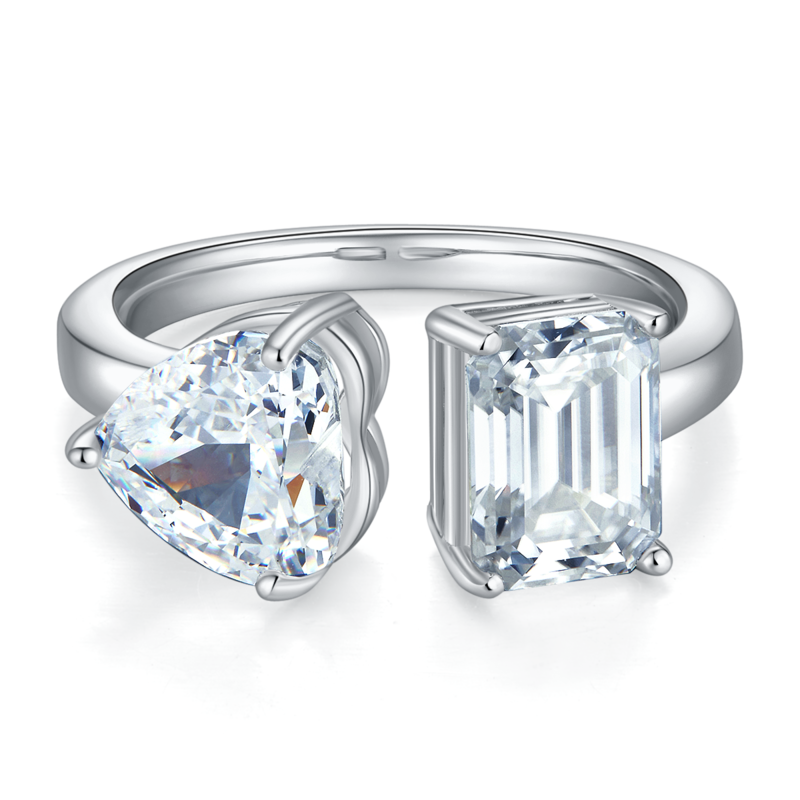 心形冰花切AND长方MoissaniteS925银镀白金Women's Ring2ctD级